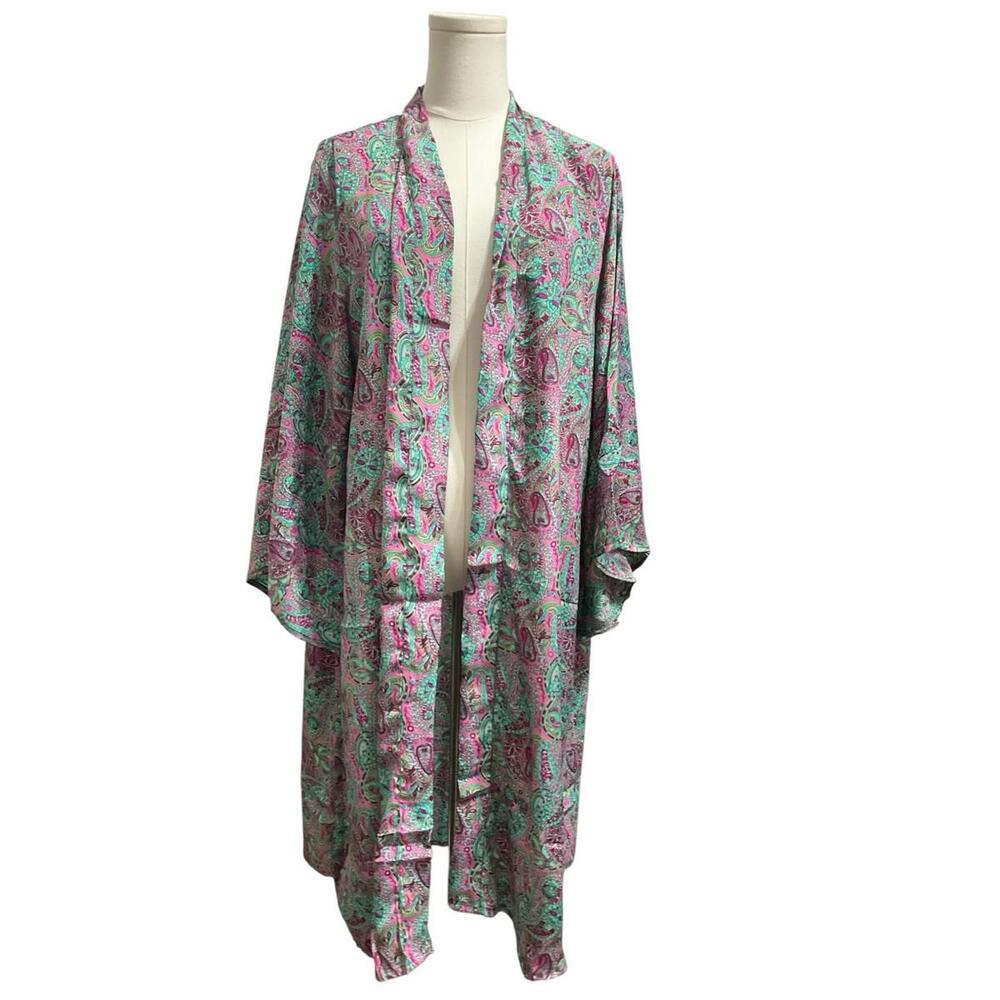 Rhea Paisley Kimono Duster Cardigan OS NWT Pink Teal Boho Beach Cover Up A27